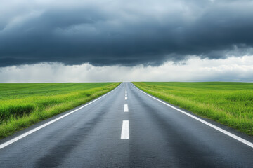 Fototapeta premium Straight highway road with black rain clouds, natural summer landscape, dramatic sky