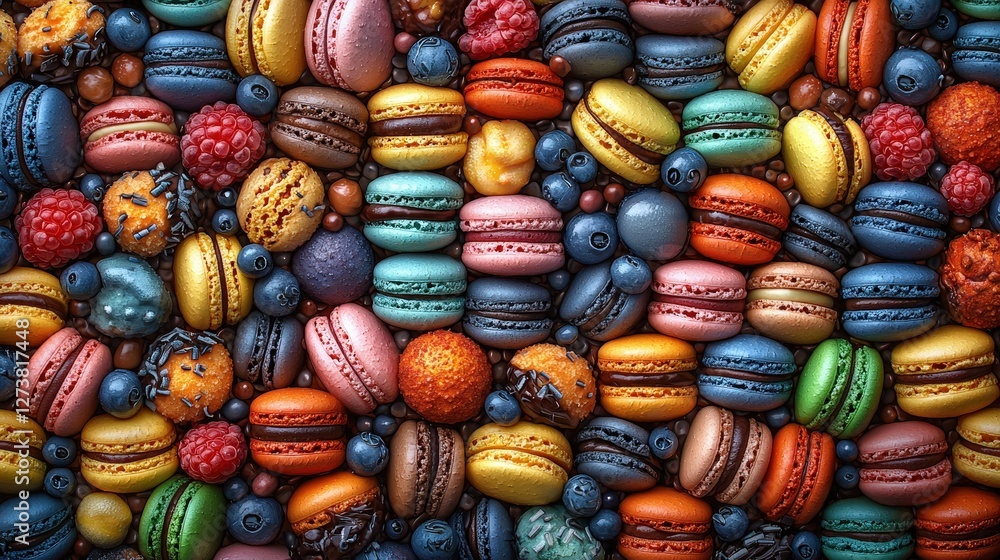 Poster assorted pile of colorful macarons displayed neatly with various flavors creating culinary delight