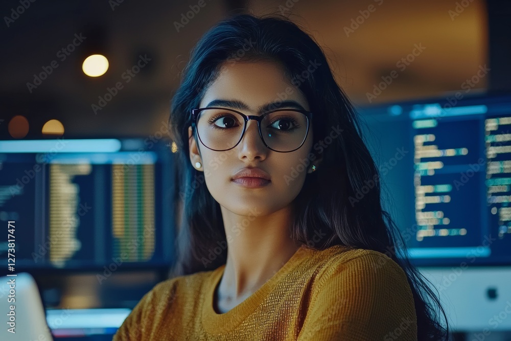 Aufkleber female developer in india working on a laptop, computer screen with blurred lines of code. stock pho