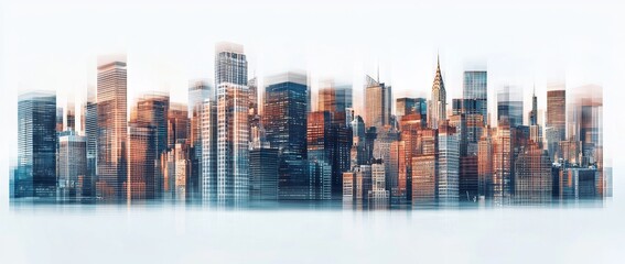 Modern architecture is depicted in a cityscape rendering, characterized by tall glass buildings, subtle light streaks, and a monochrome palette complemented by accents of orange