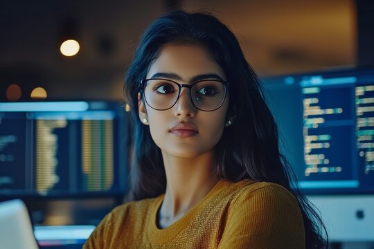 Female developer in India working on a laptop, computer screen with blurred lines of code. Stock photo