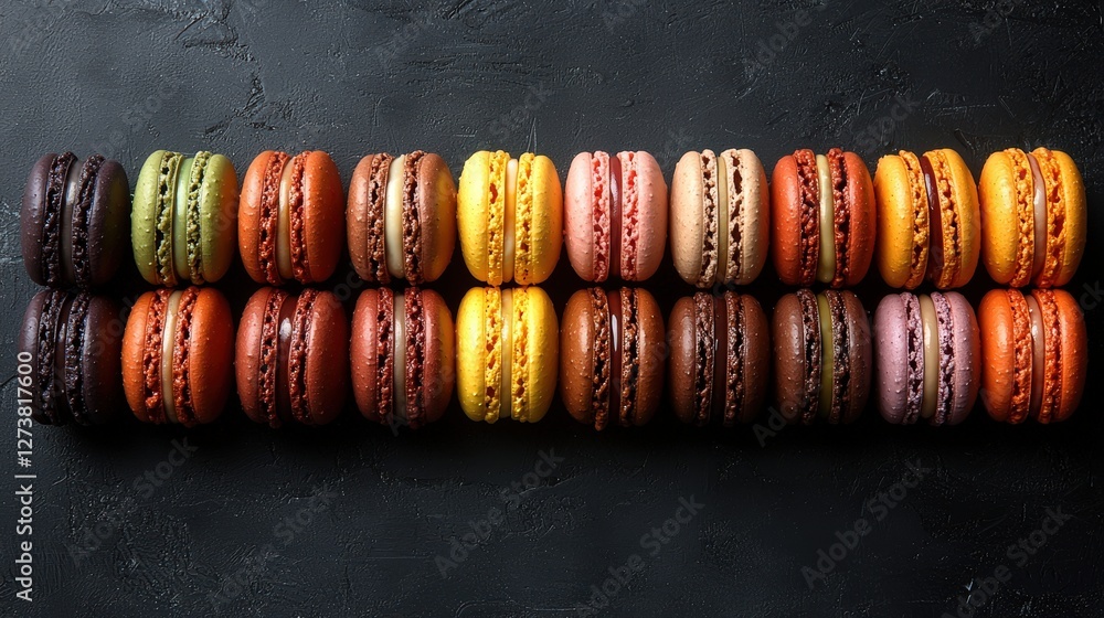 Poster neatly arranged row of colorful macarons showcasing a variety of flavors on a simple background