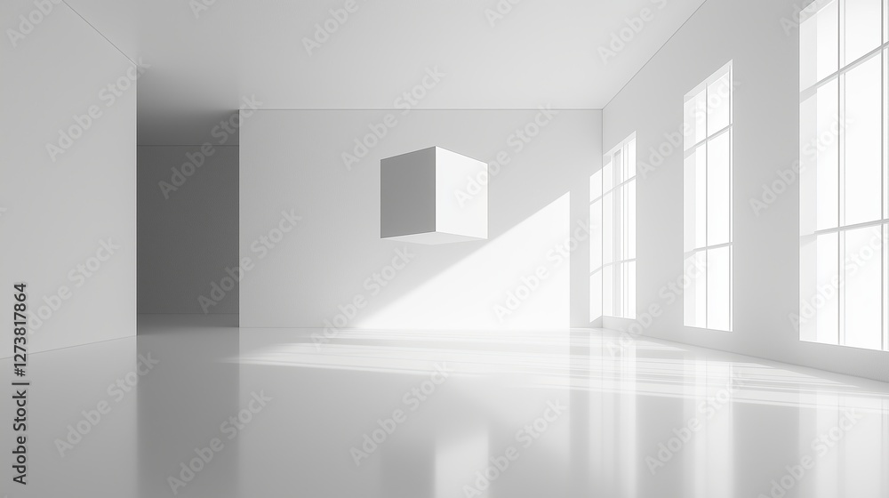 Poster A vast, white room with a single floating cube in the center