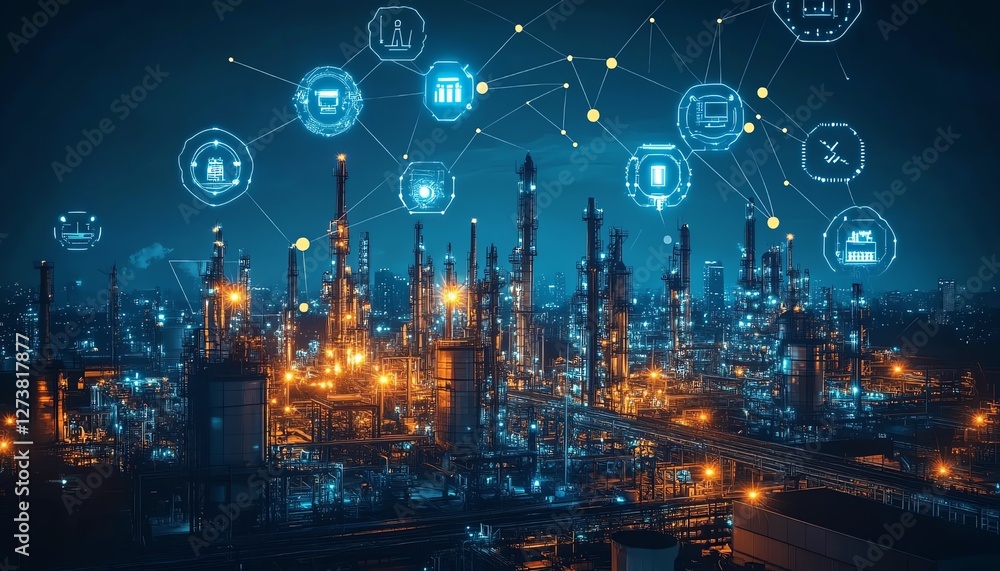 Poster industry 0 digital landscape featuring ai robot assistants, cloud computing networks, fully automate