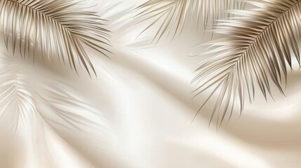 Fototapeta premium Palm leaves cast a blurred shadow on a light cream wall, forming a simple yet beautiful backdrop for showcasing products in the summer or spring