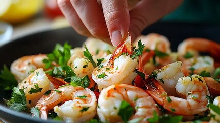 Picking Cooked Shrimp Dish with Parsley and Garlic Butter Sauce