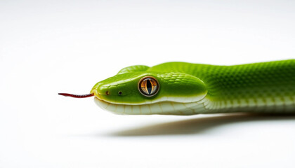 Fototapeta premium Green Snake Sticking Out Tongue on White Background - Wildlife Close-up