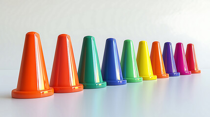 Colorful set of biodegradable soccer cones arranged in line, showcasing vibrant hues