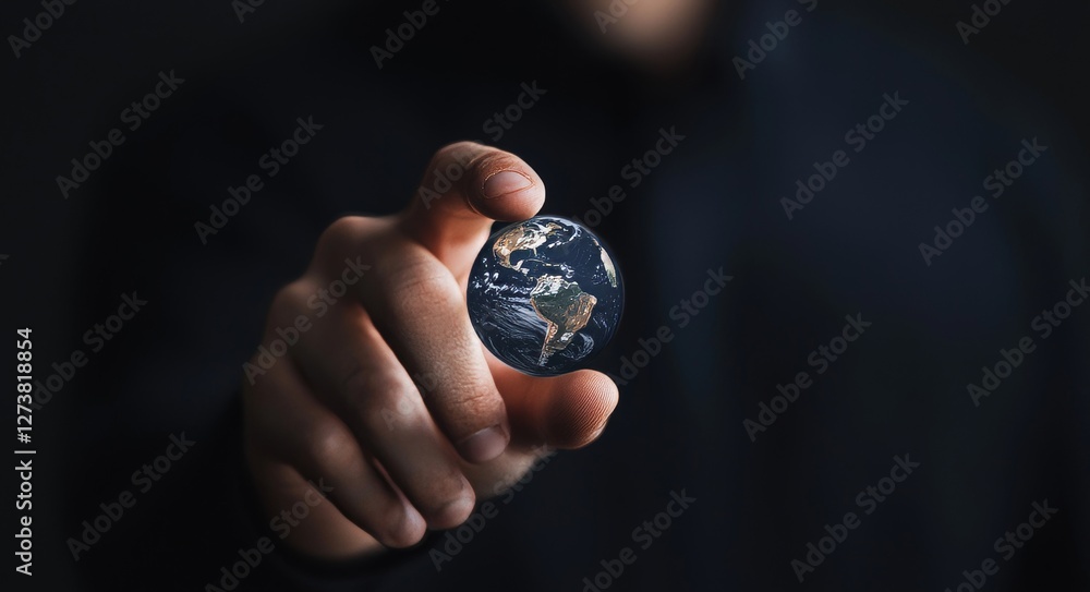 Poster businessman interacts with a virtual world awash with icons and connection lines, signifying data ex