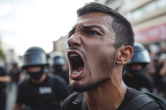 A dramatic close-up of a protester&rsquo;s face, shouting with passion, while riot police in helmets stand in the distance.