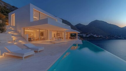 Fototapeta premium The residence boasts a luxurious design, complete with a relaxation area situated by the pool, and is accompanied by a modern mansion featuring panoramic glazing, all set within a tropical region