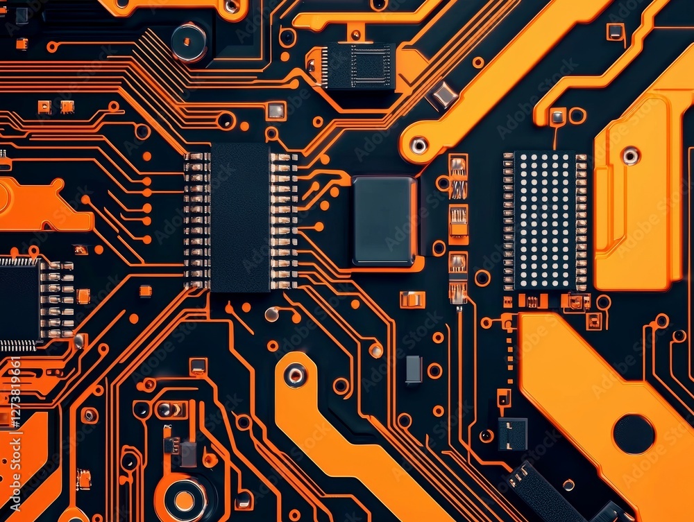Poster a realistic electronic circuit featuring components mounted on a board, wired following the required