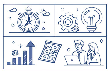  Business icons, line art, blue and white, strategy symbols, teamwork graphics, leadership concepts, learning illustrations, productivity icons, network diagrams, professional development, corporat