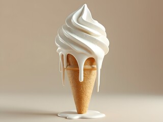 Close-up of vanilla ice cream cone melting on beige background, waffle cone, dessert photography 
