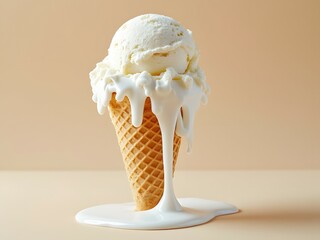 Close-up of vanilla ice cream cone melting on beige background, waffle cone, dessert photography 
