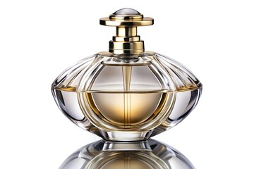 Elegant Perfume Bottle with Metallic Cap and Mist Effect on White Background