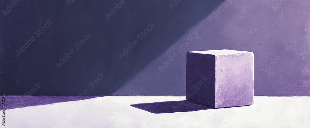 Poster purple cube casting a shadow on a white surface with dramatic lighting, showcasing minimalistic abst