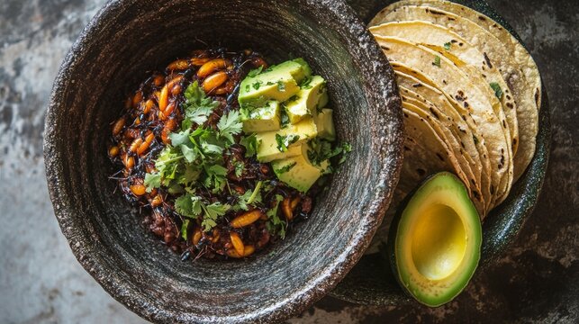 A Dish of Escamoles, Mexican Ant Larvae Saut&eacute;ed with Butter and Garlic, Served with Tortillas and Avocado