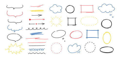 Hand drawn shapes, speech bubble, arrows and underlines. Doodle sketch line frames and elements. Scribble line strokes vector set.