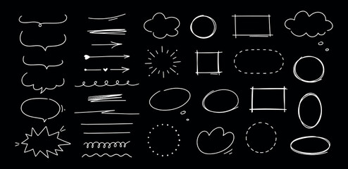 Hand drawn shapes, speech bubble, arrows and underlines. Doodle sketch line frames and elements. Scribble line strokes vector set.