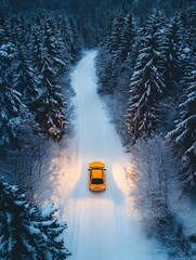 Golden car on a snowy road through a dark winter forest aerial view adventure and travel © EchoFrame