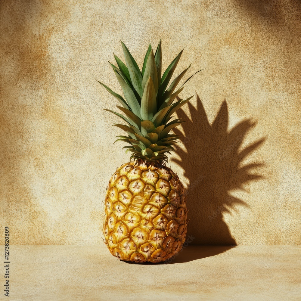 Poster pineapple with sharp shadow cast on neutral background surfaces