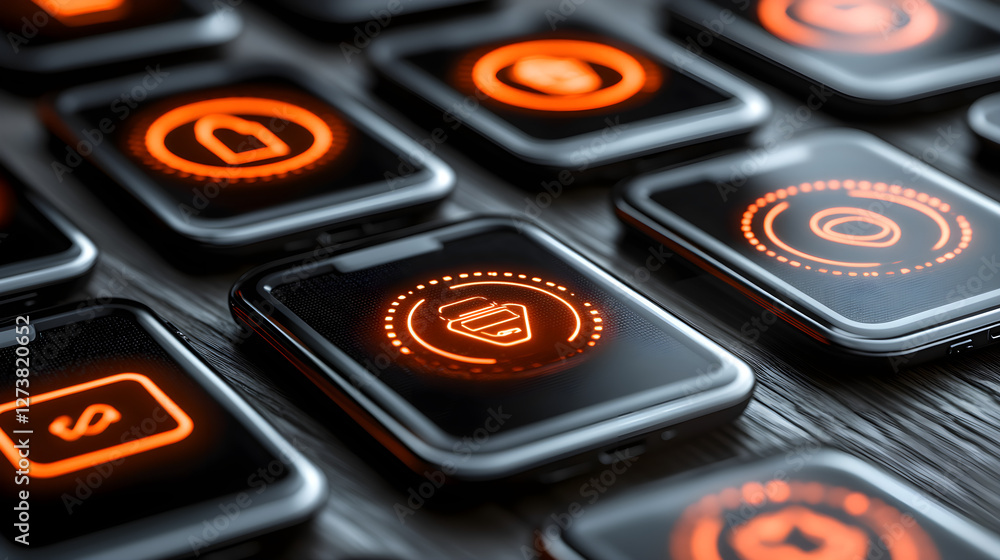 Poster digital interaction with app icons on screens modern workspace technology imagery indoor setting clo
