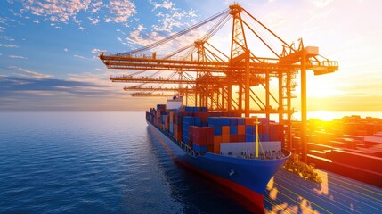 Naklejka premium A vibrant cargo ship is docked at a port during sunset, with cranes silhouetted against the colorful sky and calm waters.