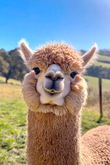 Obraz premium Adorable alpaca with fluffy cheeks under clear blue sky enjoying sunny day in countryside