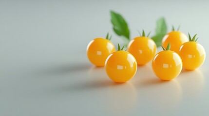 Vibrant Yellow Cherry Tomatoes Displayed with Green Leaves on Neutral Background Still Life