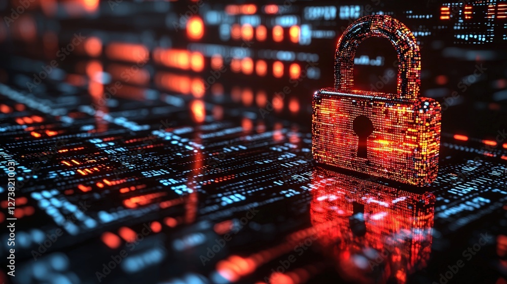 Poster digital lock icon displayed prominently on a computer screen representing security