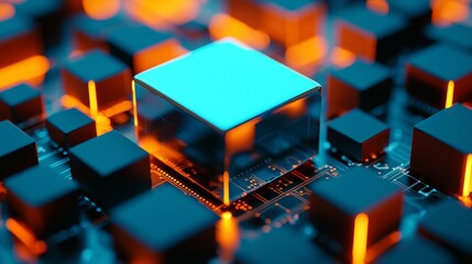 A circuit board with a blueish tint, incorporating a processor or conductive lines as part of the background