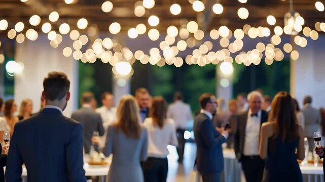 Social Gathering Under the Lights: A sophisticated social gathering unfolds under a canopy of soft, glowing lights, evoking the atmosphere of a refined event.