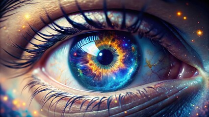 A Close-Up of a Human Eye Reflecting a Vibrant Cosmic Nebula, Showcasing Intricate Details and a Surreal Blend of Nature and the Universe