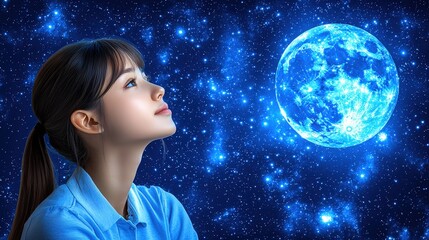 Naklejka premium Woman gazing upwards with awe at the full moon on a clear night sky