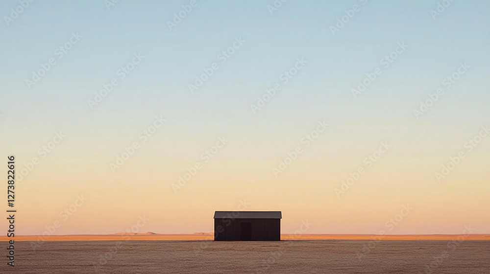 Poster a small solitary house in the middle of an expansive, empty landscape with a clear sky, symbolizing 