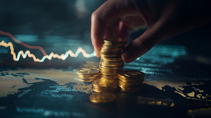 Hand stacking gold coins on a financial world map with economic data concept of investment wealth management financial growth cryptocurrency trading market trends and global economy