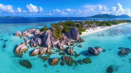 Tropical island paradise aerial view turquoise water, granite rocks, white sand beach, lush greenery