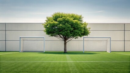 A lush green tree stands majestically between two soccer goals on a vibrant green field, creating a serene and unexpected juxtaposition against a neutral-toned wall.