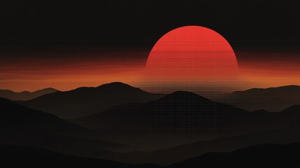 Retro Pixel Art Of Dark Mountain Ranges At Sunset With A Large Orange Sun