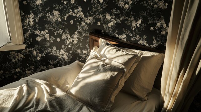 Fototapeta sunlit bedroom with floral wallpaper and linen bedding