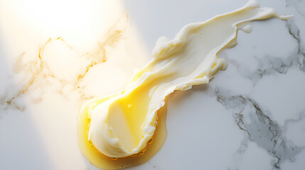 Lotion and oil texture swirled on a marbled background with golden tones and natural light highlights.