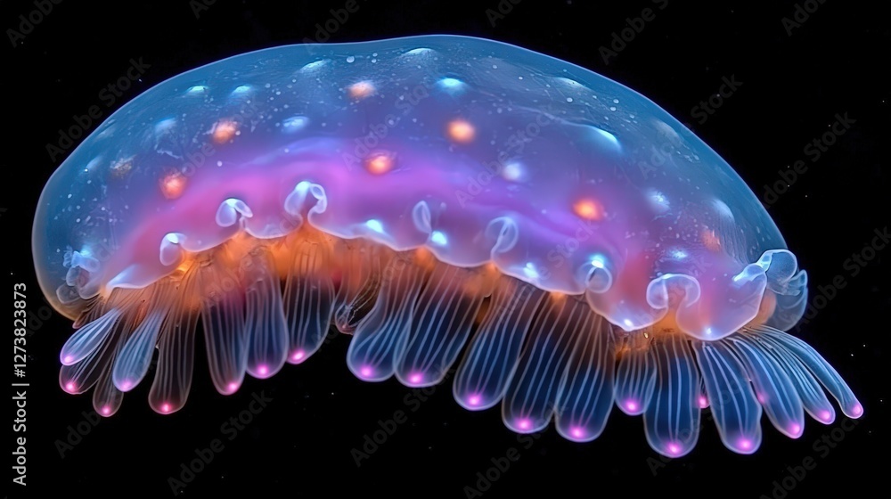 Poster repeated pattern of mesmerizing jellyfish gracefully swimming in the ocean, creating a tranquil scen