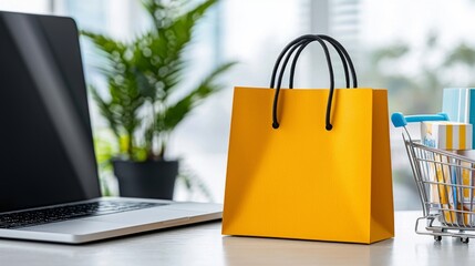 Bright Yellow Shopping Bag on Table Next to Laptop and Plant