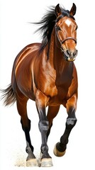 Obraz premium Galloping brown horse with flowing mane running on a sandy surface in bright sunlight