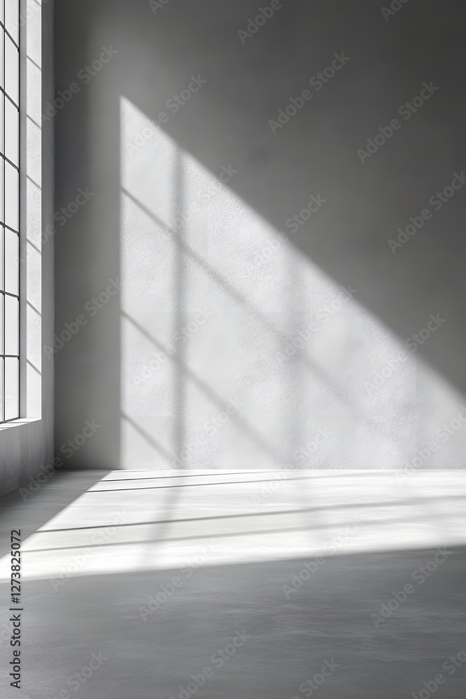 Poster minimalist interior with sunlight streaming through window creating geometric shadow patterns