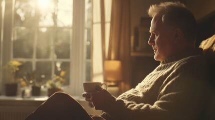 senior man relaxing at home with warm drink