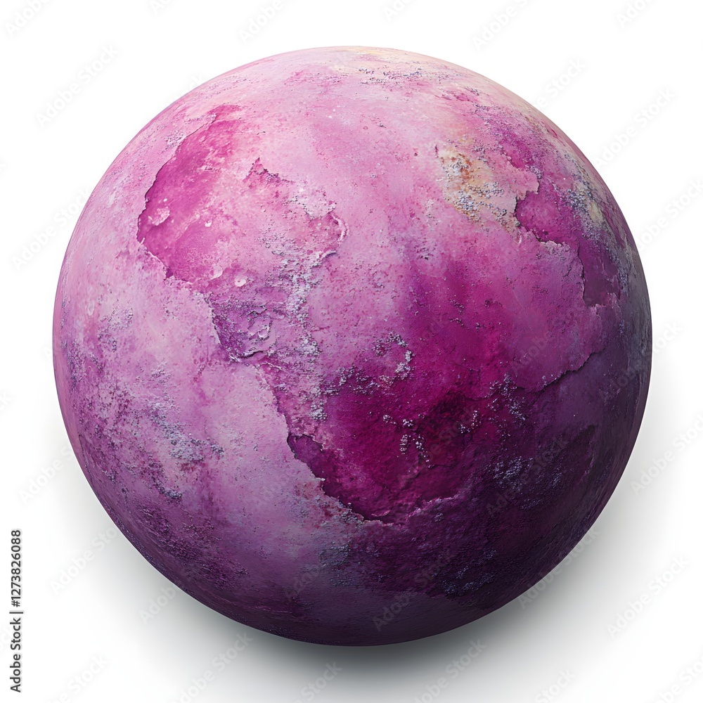 Poster pink planet with textured surface showing craters and variations in color and light