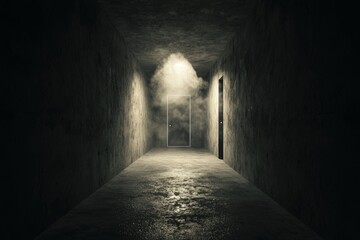 Dim light and smoke filled the air of a mysterious and dark corridor, creating an eerie atmosphere