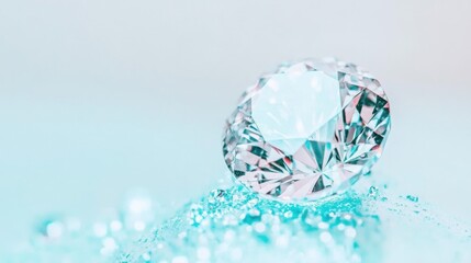 Close Up of Single Diamond Stone on Glittering Surface with Light Blue Hues